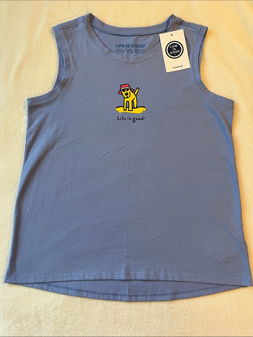 Life Is Good Women’s Blue Tank Top with Yellow Surf Dog Graphic Size XS